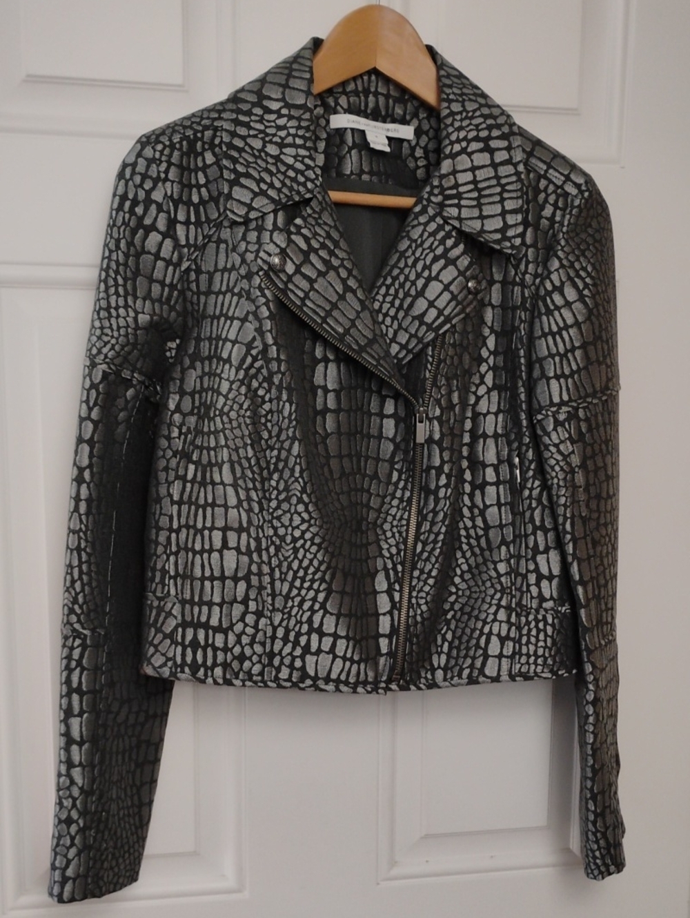 Diane von Furstenberg, Angie Alligator Print Jacquard Crop Moto Jacket